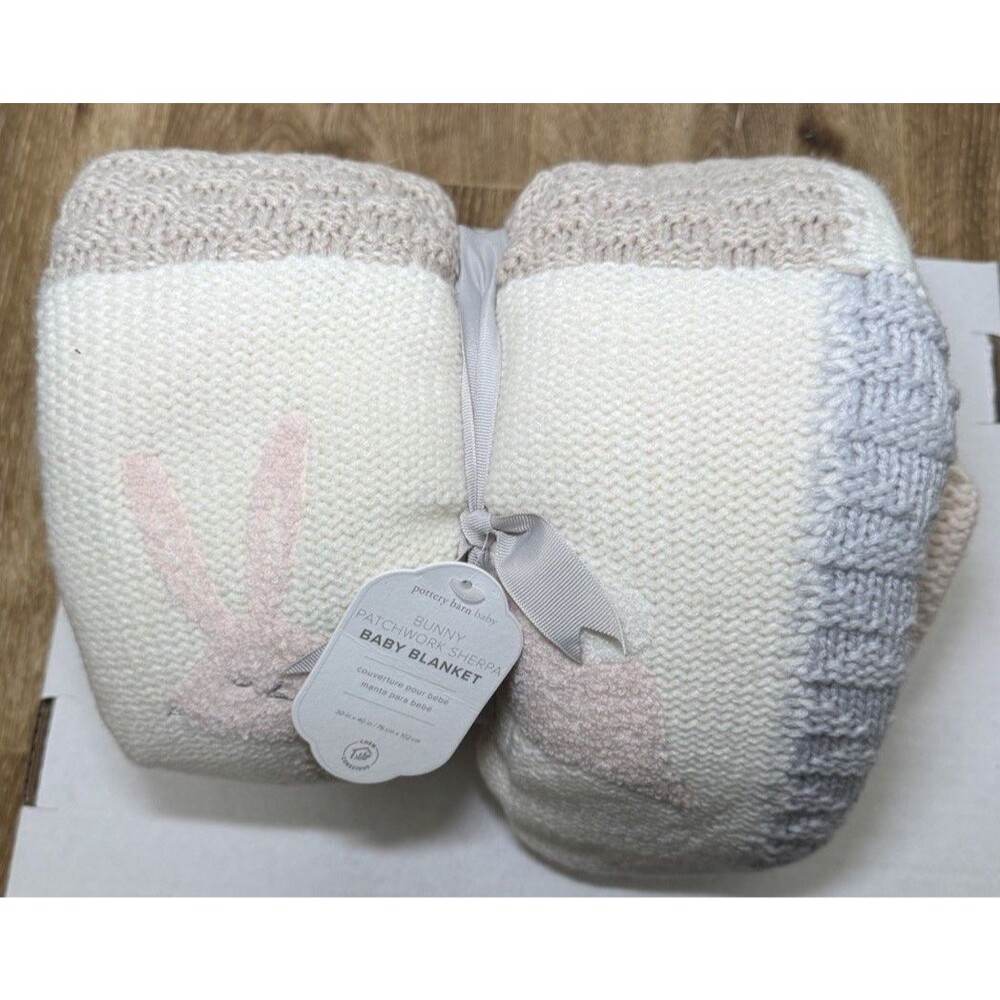 Pottery Barn Heirloom Bunny Baby Stroller Blanket Knit Patchwork New 30”X 40”